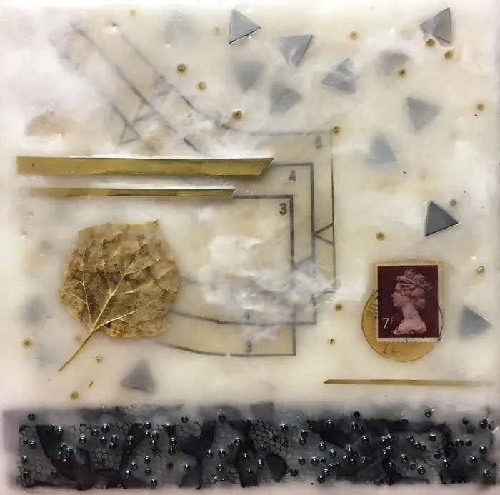 "Cold Front", 6x6, Encaustic Collage With A Stamp, Aspen Leaf, Fabric Pattern, Lace, Beads, And Framing Parts