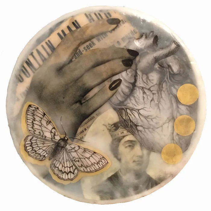 "Hide-And-Seek", 6in Round Encaustic Collage