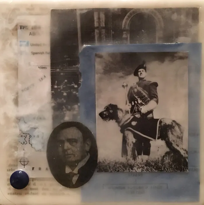 "Hierarchy", 5x5, Encaustic Collage With Button And Titanium White Oil Stick
