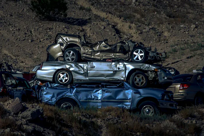 Wrecked Cars Stacked In Alamo, Nevada