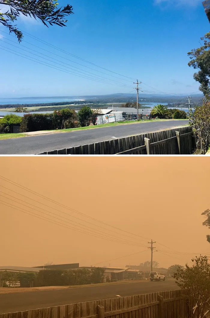 This Is The View Today Compared To The Same Time Last Year Where We’re Staying In Merimbula With Our In-Laws For Our Summer Holiday. We Can Hear Firefighting Helicopters Landing At The Airport Below But Cannot See A Thing