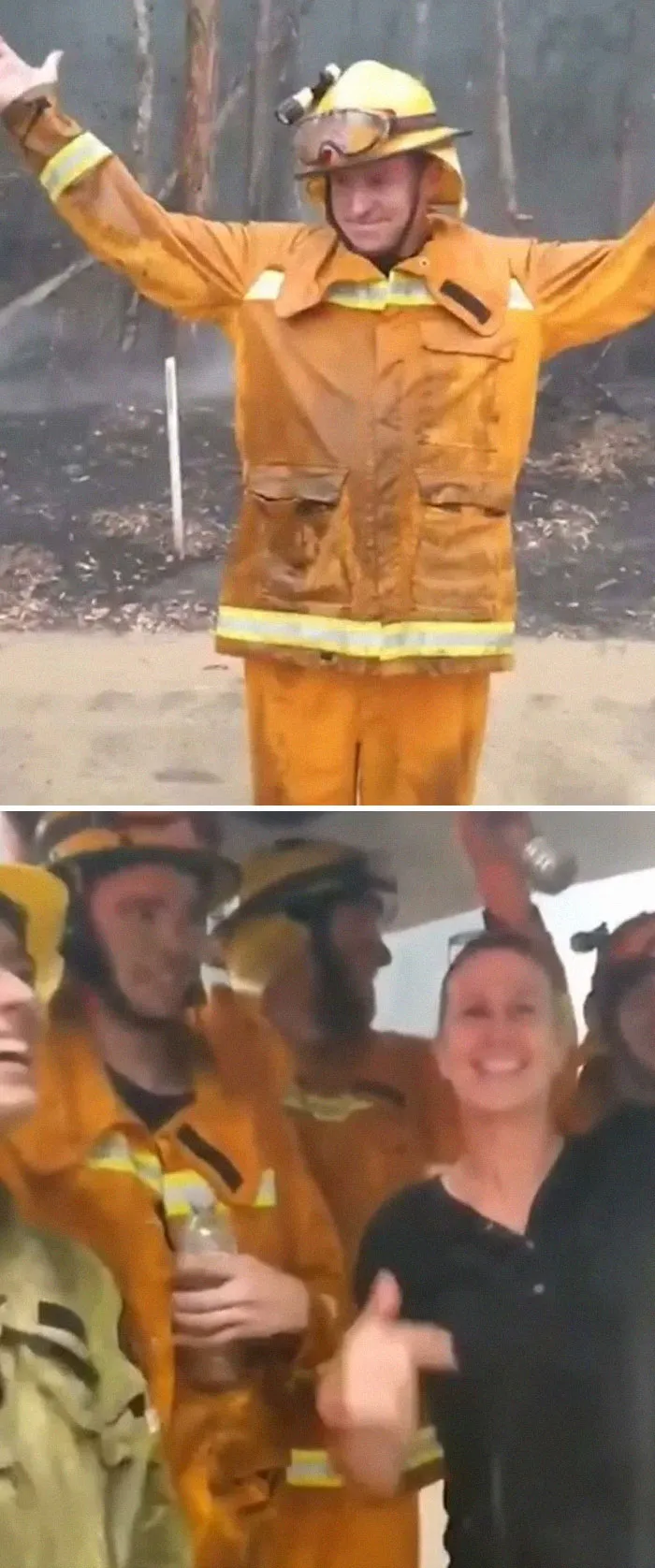 Bomberos bailando de alegria tras empezar a llover sobre los incendios