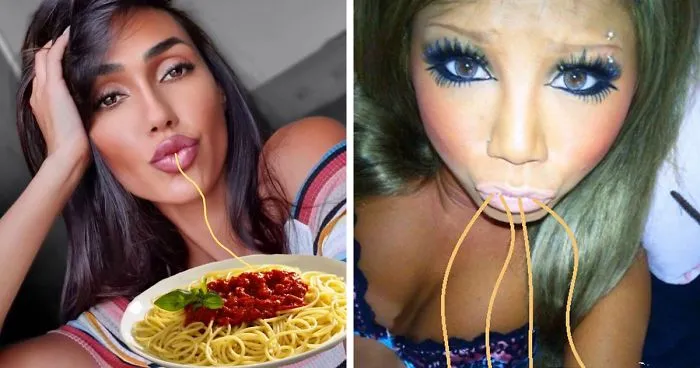 25 Times Internet Trolls Fixed Duckface Selfies By Adding Spaghetti