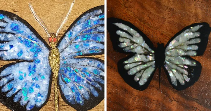 Butterfly Made With Inlaid Opal And Crushed Mother Of Pearl