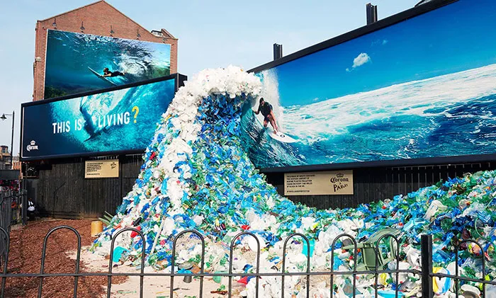 Corona Oceans Week Billboard With Wave Made From Plastic Gathered In UK And Chris Hemsworth On The Surfboard