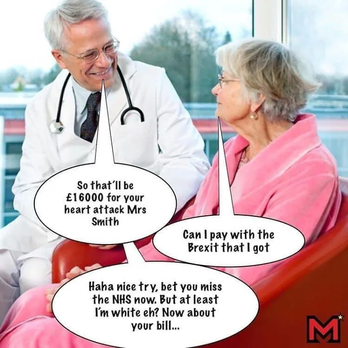 Doctor and elderly woman exchanging witty remarks about Brexit and NHS costs with speech bubbles in a humorous meme.