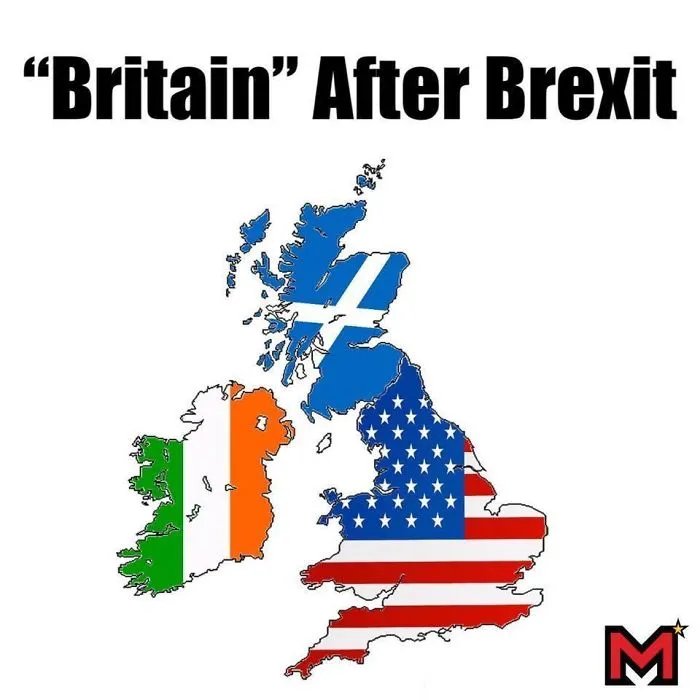 Map of Britain after Brexit, with flags of Ireland, Scotland, and USA.