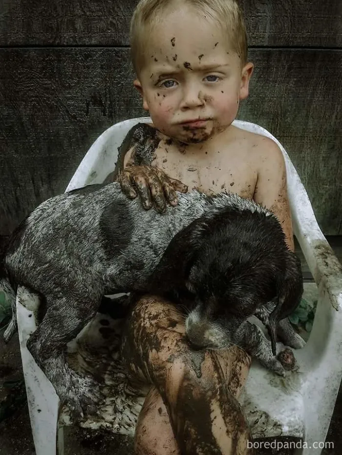 Jude And His Hound Dog Puppy "Chicky-Dog" After Playing In The Mud