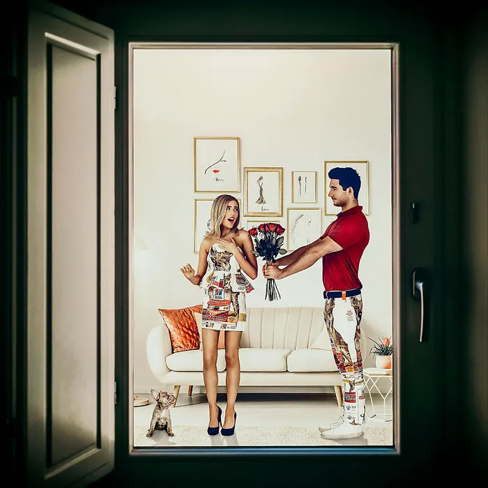 Antonella Vitulli And Brian Young Wearing Dog Food Bag Peplum Cocktail Dress And Men's Trousers
