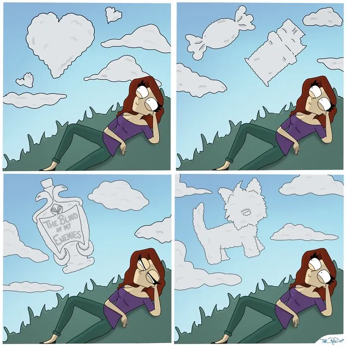 Woman lying on grass watching clouds shaped like candy, a bottle labeled enemies' blood, and a dog in inappropriate comics style.