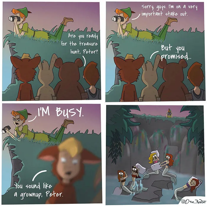 Comic strip with a character on a stakeout ignoring friends, part of a series of inappropriate comics for work reading.