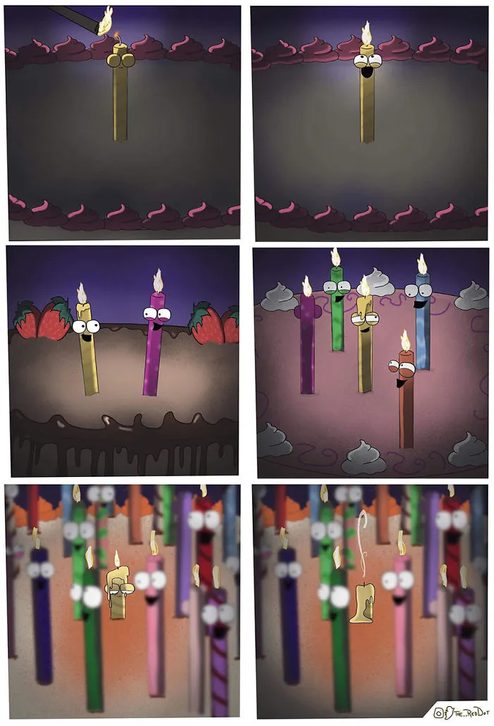 Comic strip featuring anthropomorphic birthday candles with expressive faces, illustrating a humorous inappropriate comics theme.