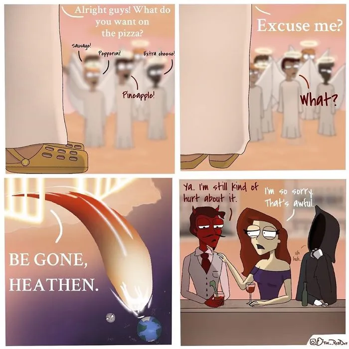 Inappropriate comics featuring humorous pizza debate, fiery banishment, and characters sharing awkward moments in a bar setting.