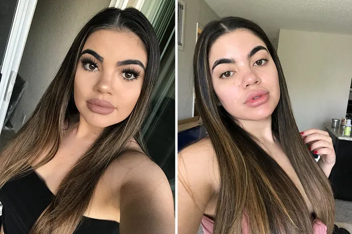 Girl with dark hair taking selfie with (left) and without (right) makeup