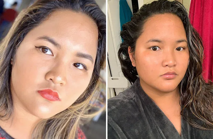 Girl with brown hair taking selfie with (left) and without (right) makeup