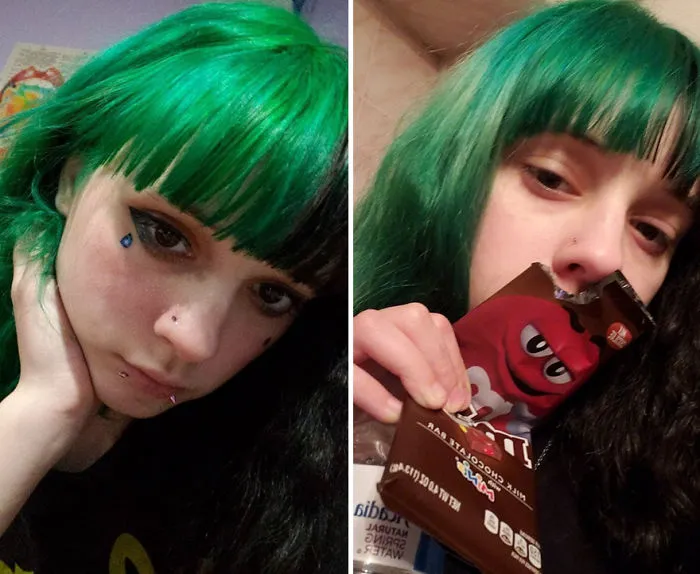 Girl with green hair taking selfie with (left) and without (right) makeup