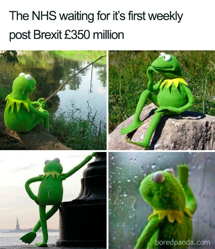 Kermit the Frog humorously waits for post-Brexit NHS funding in four different poses.