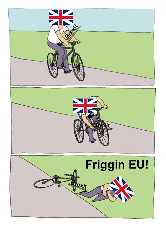 Brexit meme showing a cyclist, with UK's flag, blaming EU after self-inflicted accident.