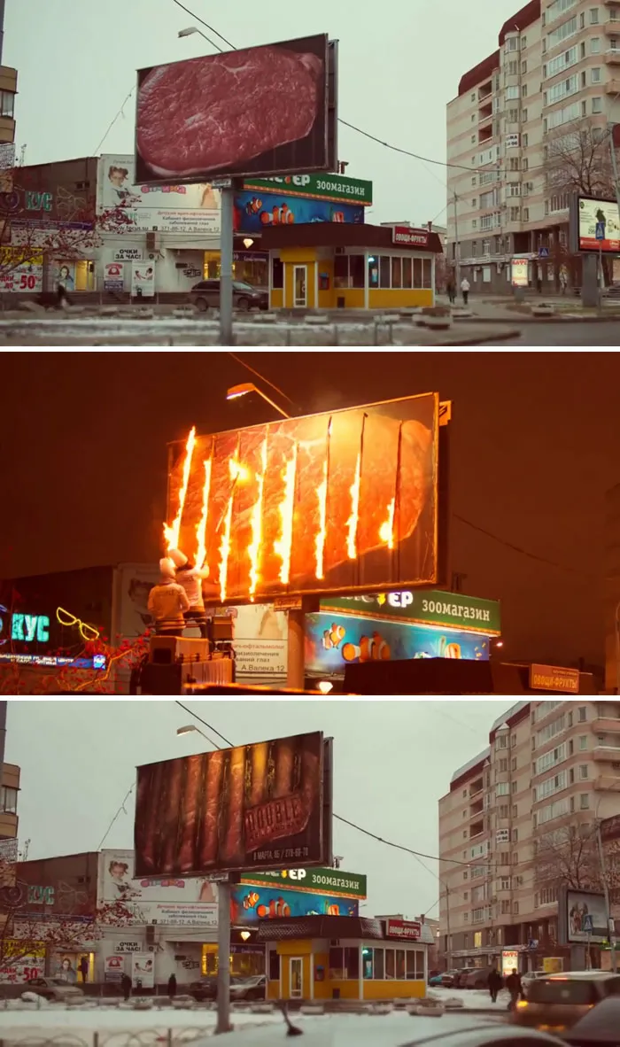 Parrilla y creativa valla publicitaria de un bar