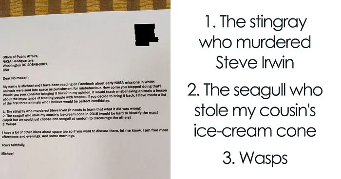 Guy Writes A Humorous Letter To NASA Where He Suggests Sending Misbehaving Animals To Space, NASA Responds