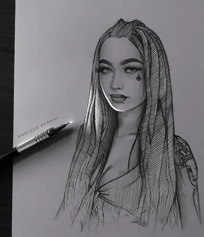 Drawing by Mexican artist using unique technique to create a glowing effect, featuring a pencil illuminating part of the sketch.