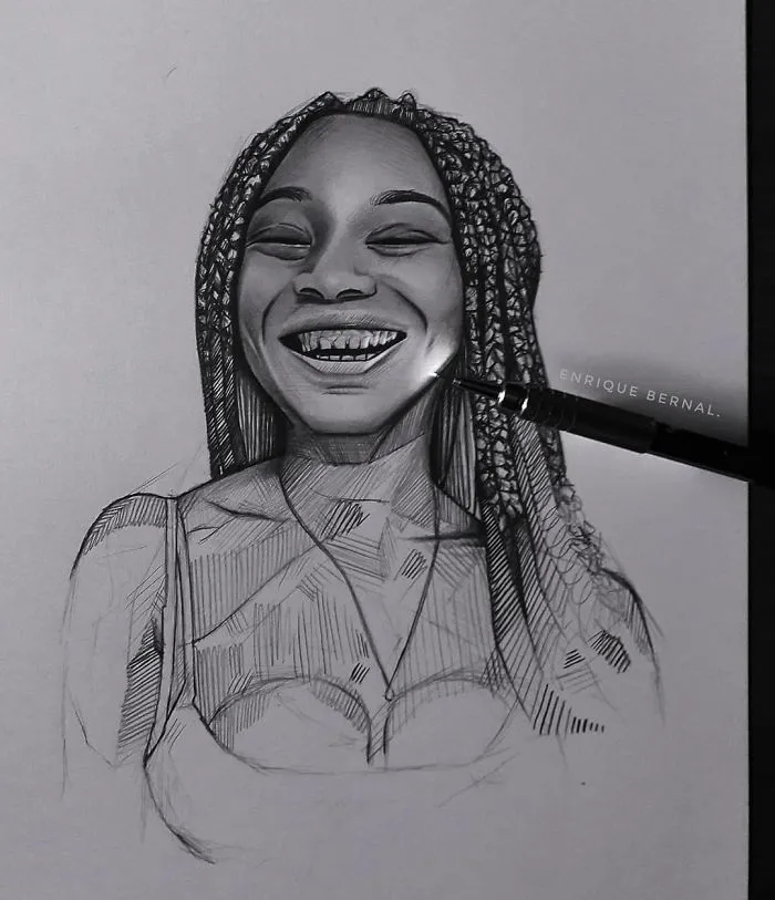 Drawing by Mexican artist Enrique Bernal, featuring glowing effect on a woman's smiling face, created with unique technique.