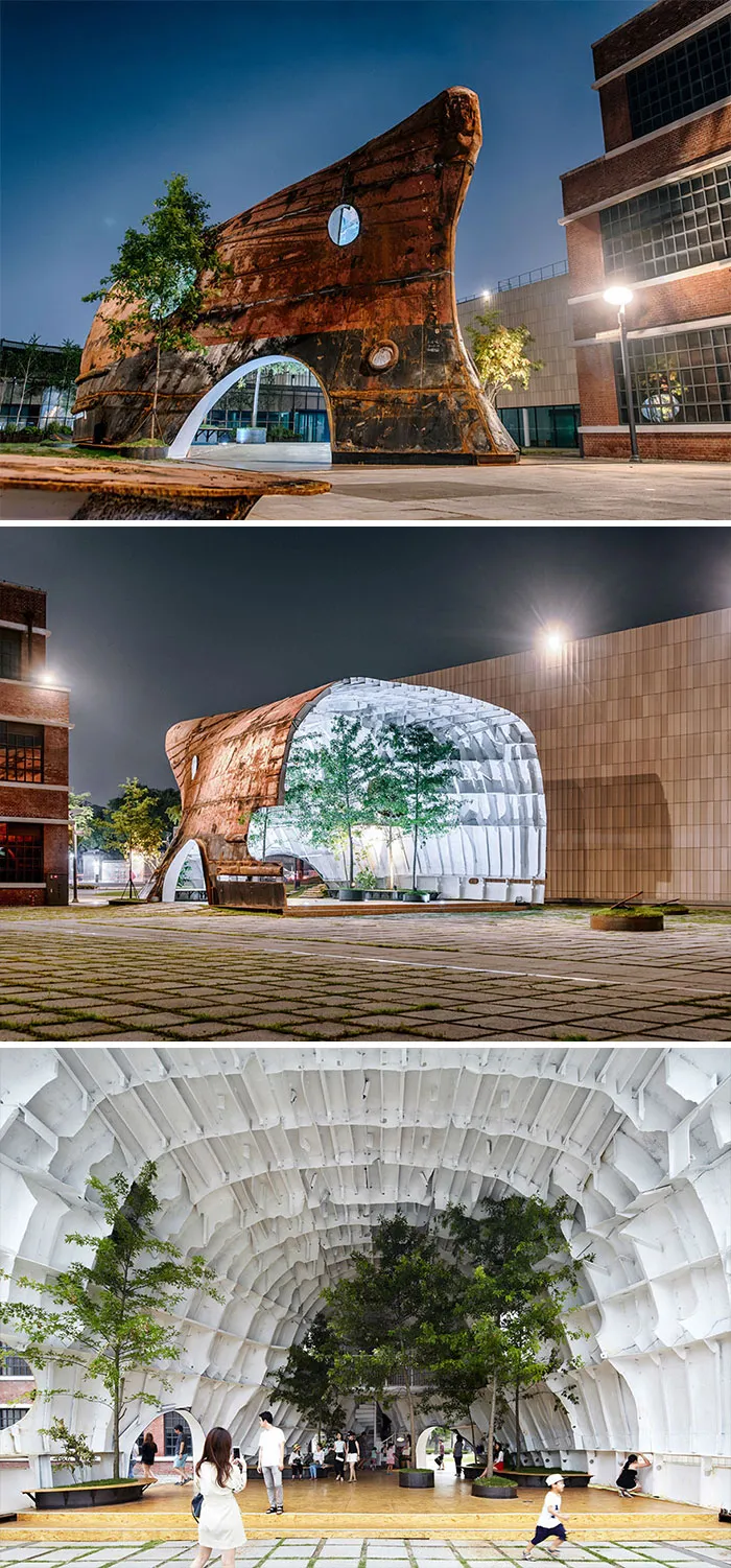 Old Rusty Ship Turned Into Stunning Building With Trees And Plants