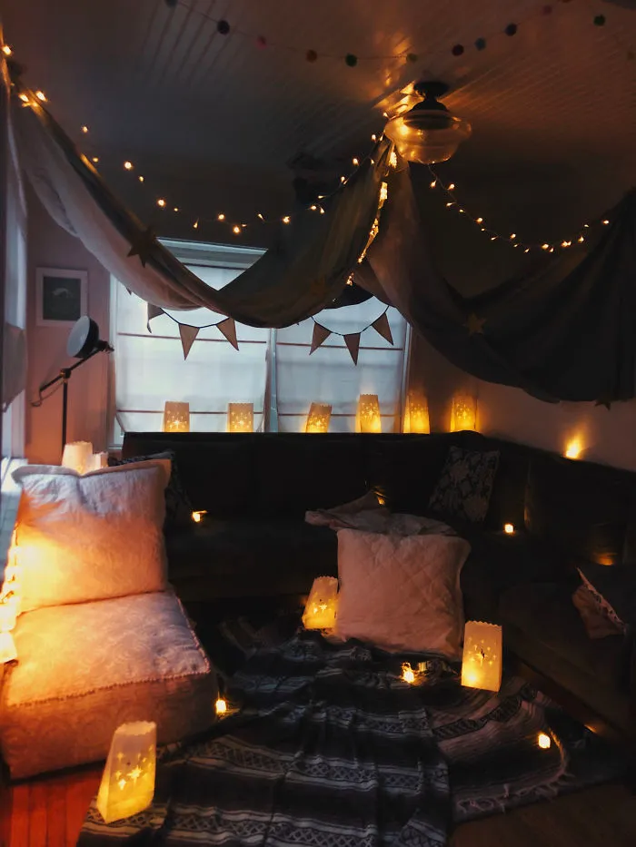 My Wife’s Birthday Party Was Canceled Due To The Virus So We Made A Birthday Blanket Fort At Home Instead. No Real Candles Here, Just LED Ones