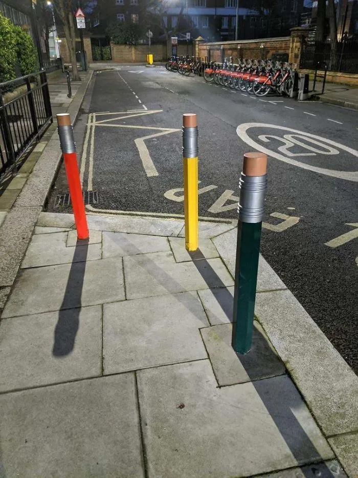 These Bollards Outside A School Shaped Like Pencils