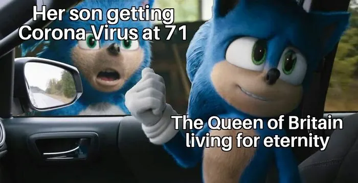 Blue cartoon character with text about the Queen of Britain living for eternity, creating hilarious memes.