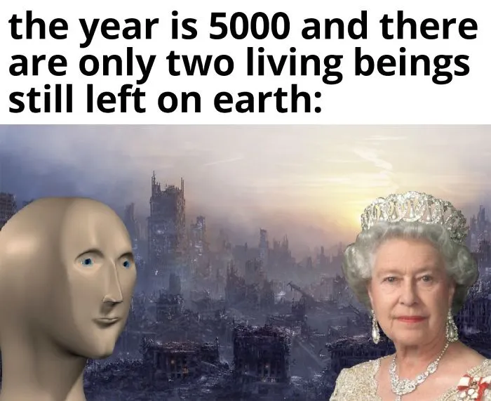 "Humorous meme imagining Queen's immortality with a surreal background and character in a future setting."