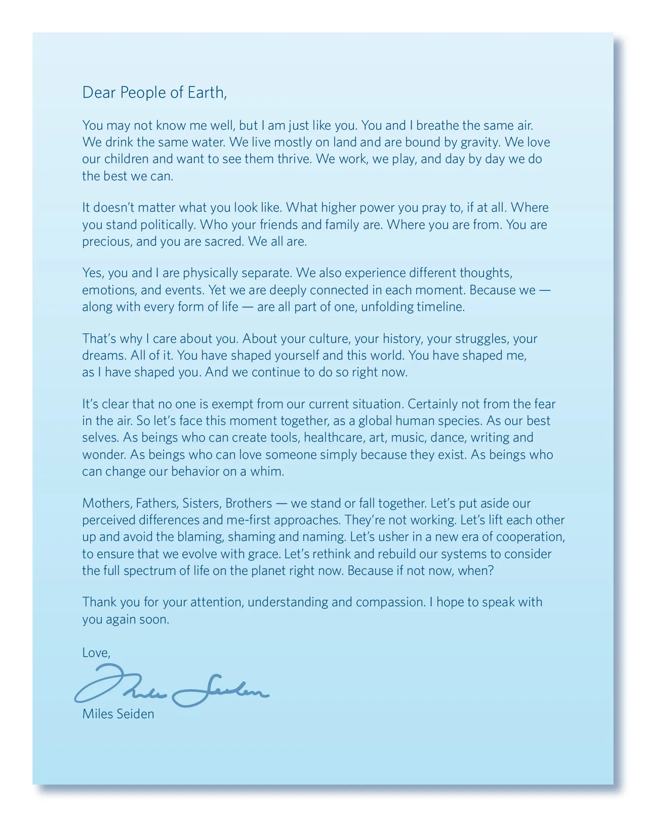 An Open Letter To Humanity