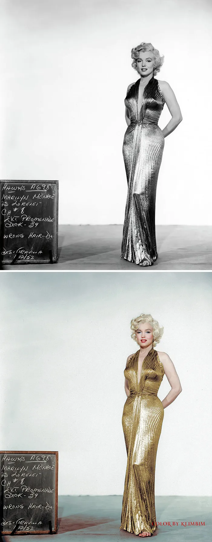 Marilyn Monroe in a gold gown, showcasing classical Hollywood stars colorized by Russian artist in a before and after comparison.