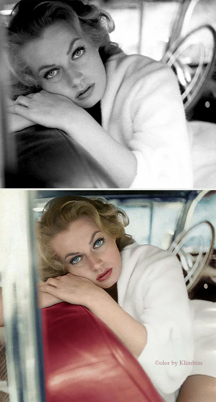 Black and colorized portrait of a classical Hollywood star reclining, showcasing colorized art by a Russian artist.