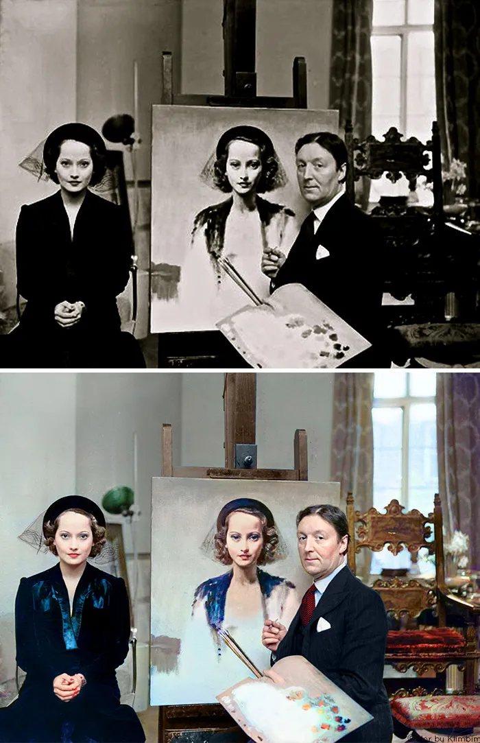 Classical Hollywood stars shown in black and white and colorized versions by Russian artist in an art studio setting.
