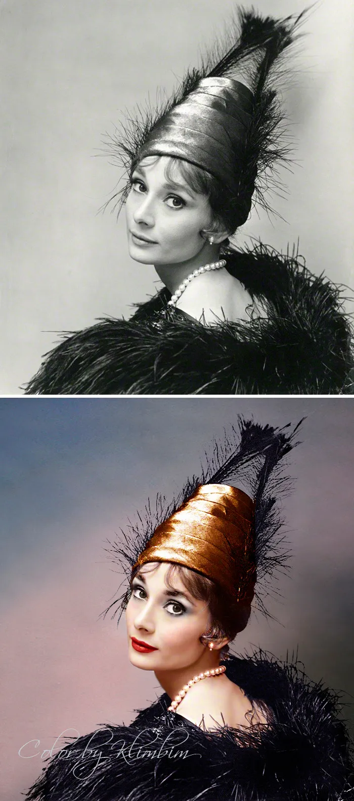 Classical Hollywood star in a feathered hat and pearl necklace, shown in black and white and colorized by Russian artist.