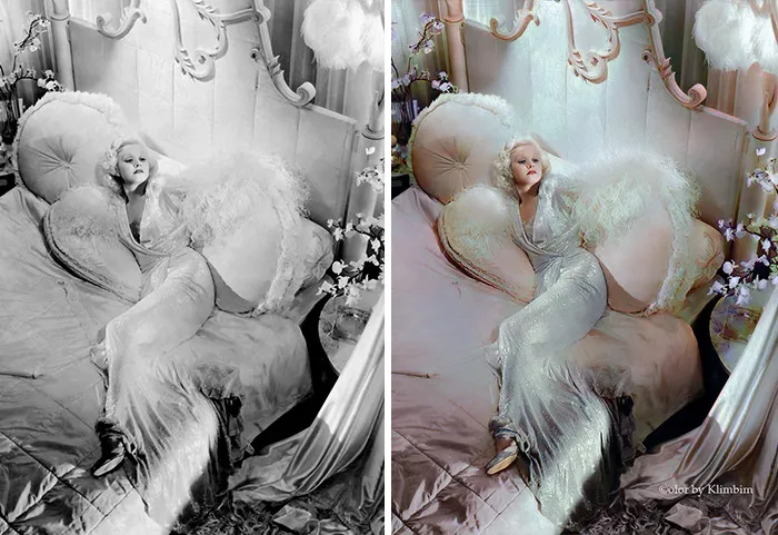 Classical Hollywood star reclining on bed, shown in original black and white and colorized by Russian artist side by side.