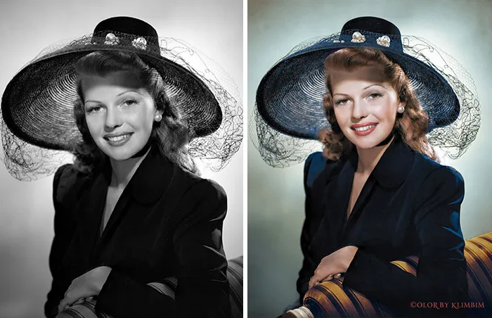 Black and white versus colorized portrait of a classical Hollywood star wearing a large hat by Russian artist.