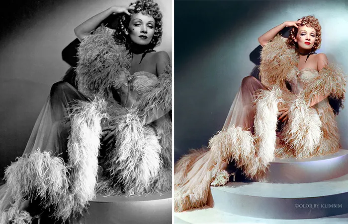 Classical Hollywood star in glamorous feathered gown, shown in original black and white and colorized by Russian artist.