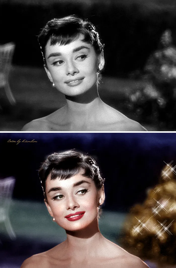 Black and colorized portraits of a classical Hollywood star with elegant makeup and hairstyle, colorized by a Russian artist.