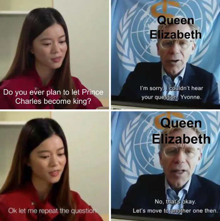 A woman asks about Prince Charles, while a man labeled as Queen Elizabeth humorously avoids the question in a meme format.