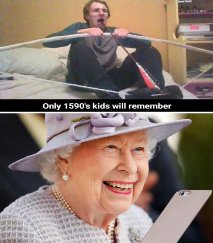 Man holding broom; text reads "Only 1590's kids will remember." Below, elderly woman smiles holding phone. Immortal meme humor.