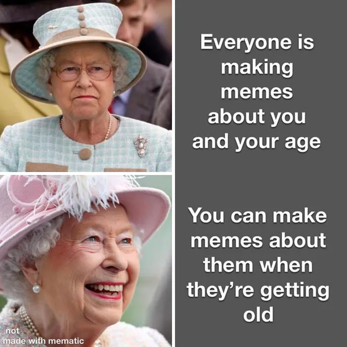 Queen in two images: serious in the first, smiling in the second, with text about memes and aging.