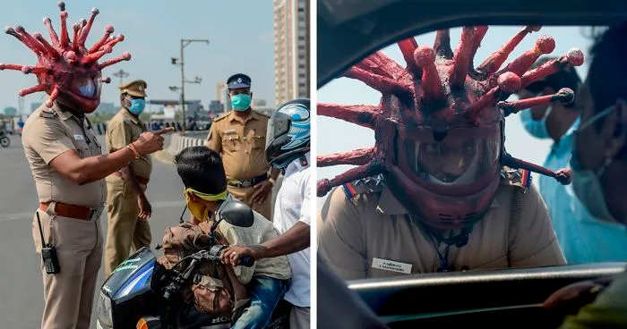 Policeman In India Creates A Coronavirus Helmet To Frighten People Who Refuse To Stay At Home