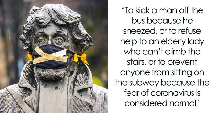Bulgarian Artist Responds To The First Cases Of Coronavirus In His Country By Putting Masks On Statues In Sofia To Show How Insignificant It Is