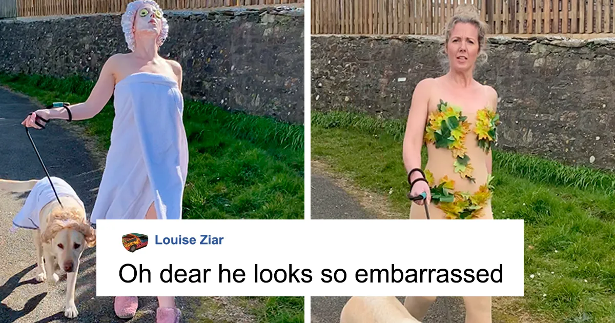 Woman Wears Bizarre Costumes While Walking Her Dog During The Quarantine And He Looks Embarrassed (8 Pics)