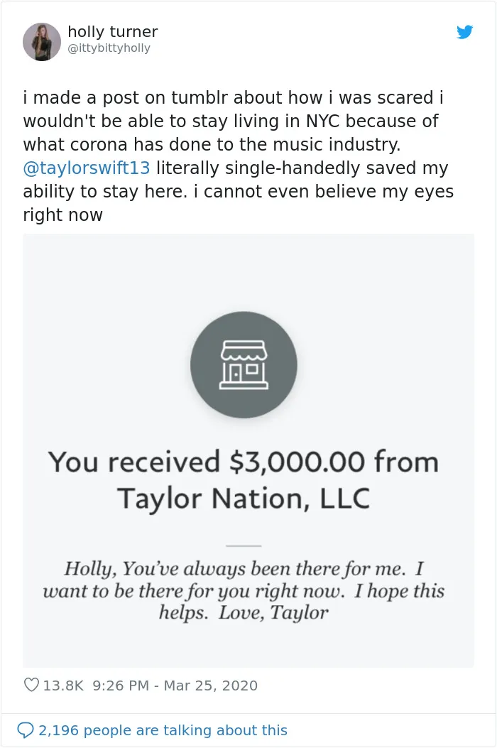 Taylor Swift Has Reportedly Donated To Her Fans Who Have Been Impacted By The Coronavirus Crisis