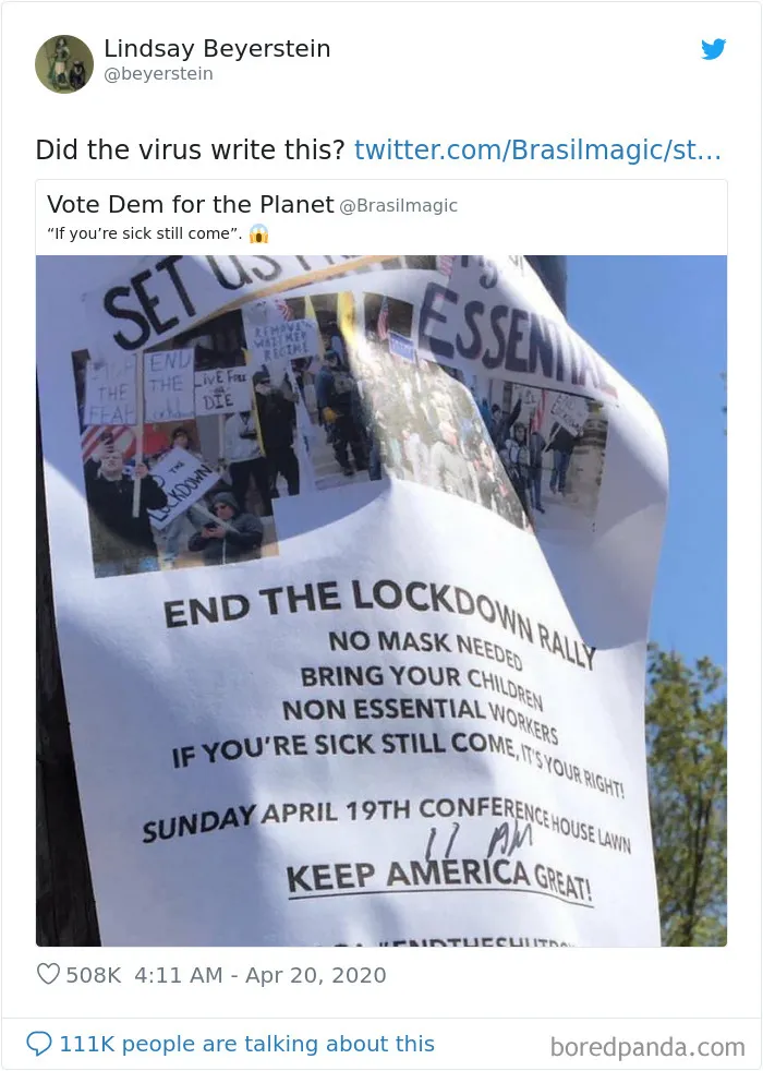 16 Not The Brightest People Who Are Against The Quarantine Holding Some 'Interesting' Signs