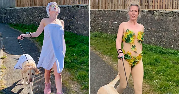 Esta mujer lleva curiosos disfraces para pasear a su perro durante la cuarentena, y el pobre parece avergonzado (8 fotos)