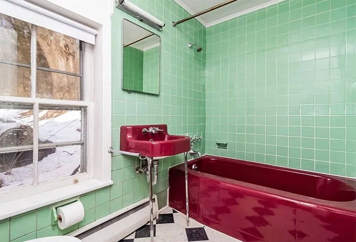 The Bathroom In Our Rental Property. It Had A Maroon Toilet Too But It Was Broken And Had To Be Replaced With A Boring White One